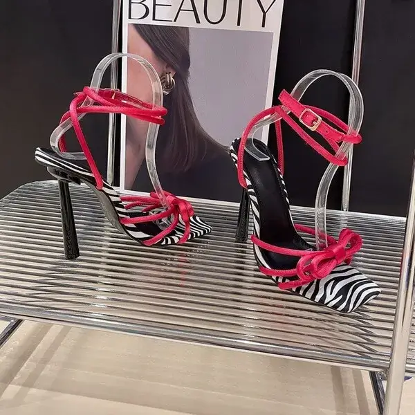 Zonamma Women Fashion Casual Lace-Up Bow Color Blocking Stiletto Heel Sandals